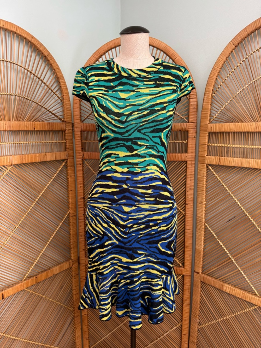 M Missoni Green, Blue & Yellow Zebra Print Jacquard Knit Mini Dress XS